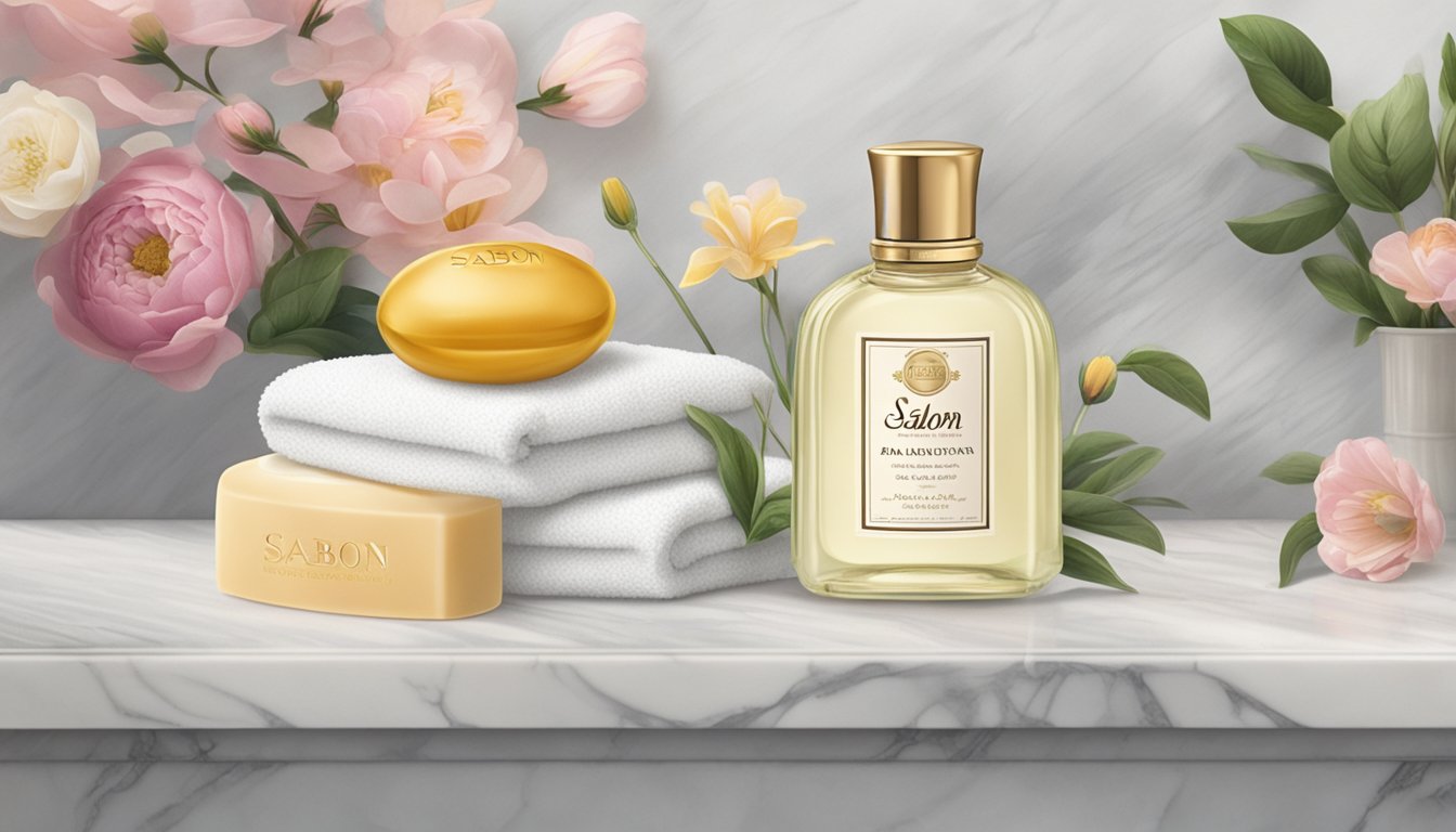 A bottle of Sabon brand soap sits on a marble countertop, surrounded by fresh flowers and a soft towel