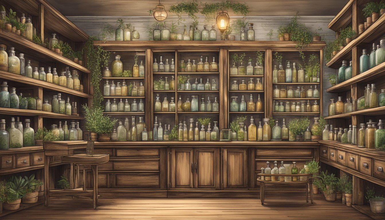 A vintage apothecary shop with antique glass bottles, rustic wooden shelves, and botanical illustrations, evoking the heritage and philosophy of Sabon brand