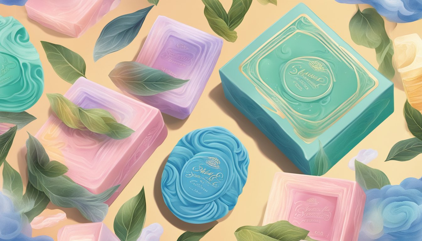 A hand reaches for a bar of Sensory Experience Sabon soap, surrounded by vibrant, swirling scents and colors. The air is filled with the refreshing fragrance of the brand