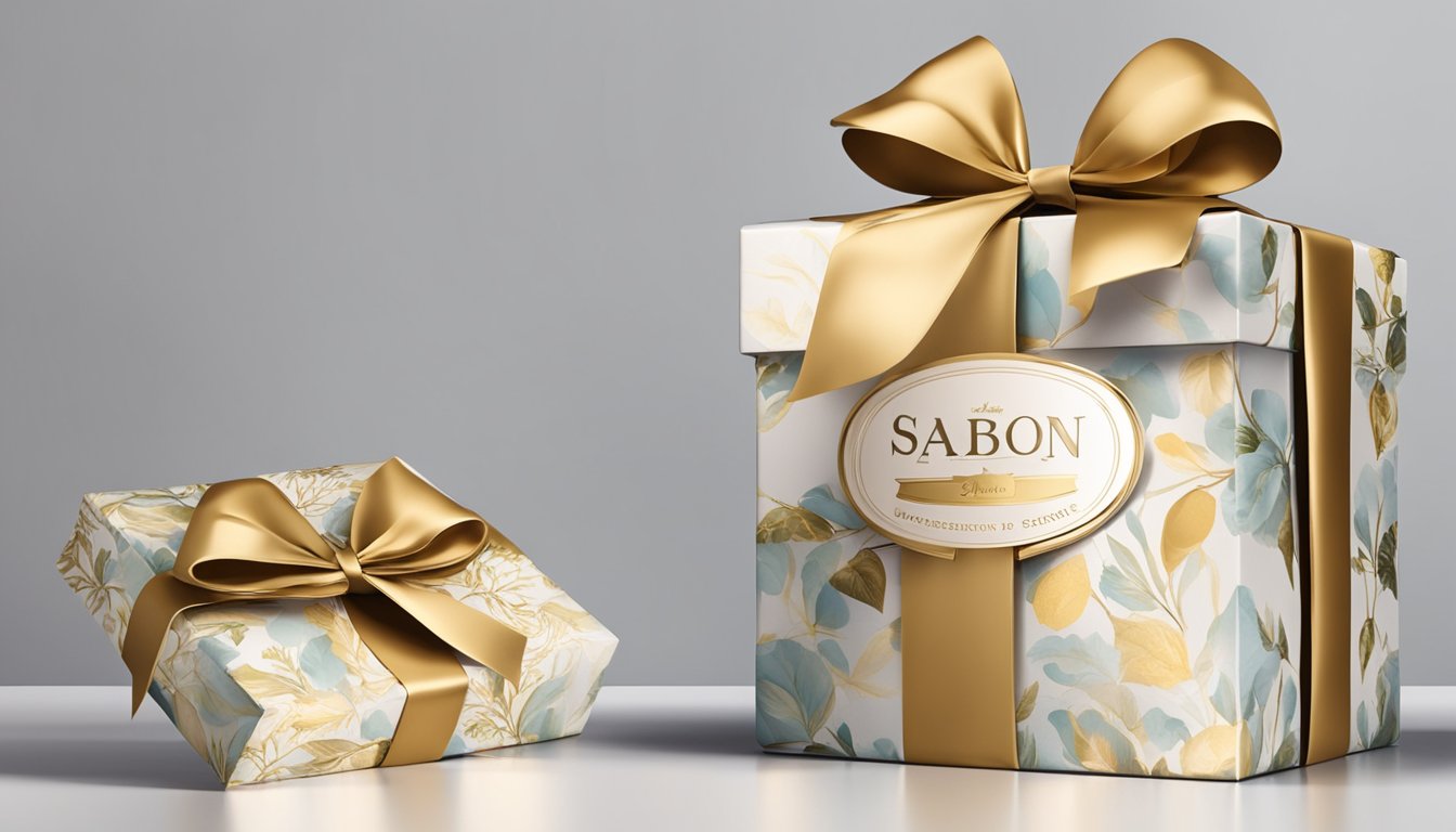 A beautifully wrapped Sabon brand gift box is presented on a festive occasion