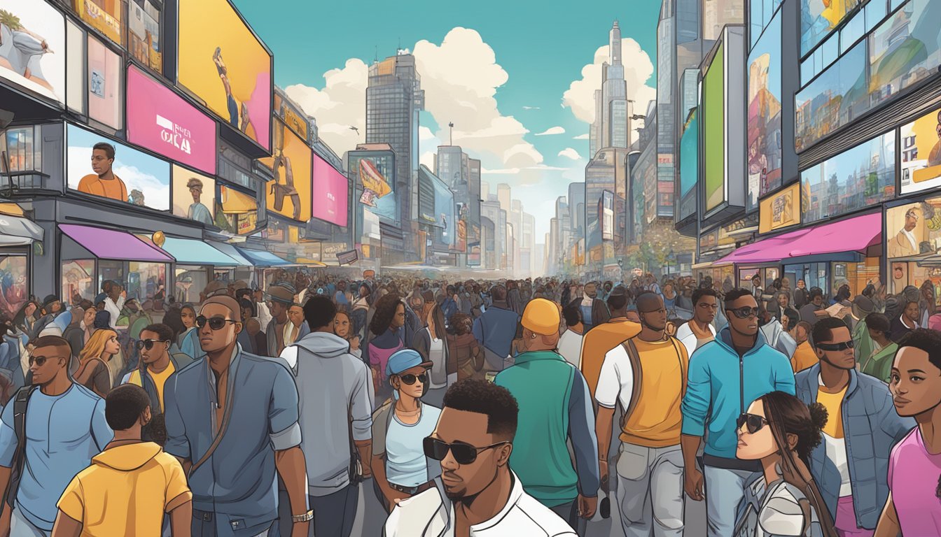 A crowded urban street with billboards featuring GTA clothing brands like "Prolaps" and "Sub Urban." People of diverse styles and backgrounds walk by, showcasing the essence of fashion in the city