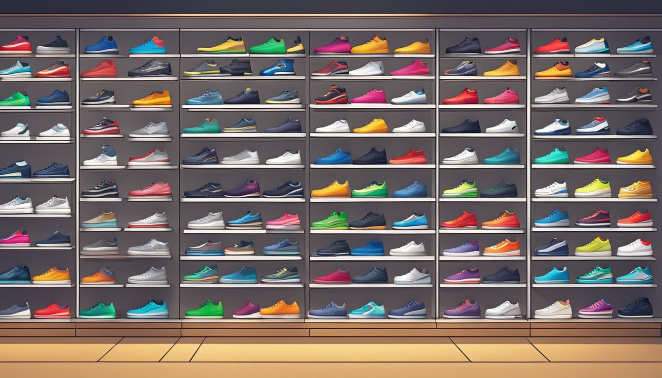 A display of American sneaker brands arranged on shelves in a brightly lit store, with various styles and colors showcased