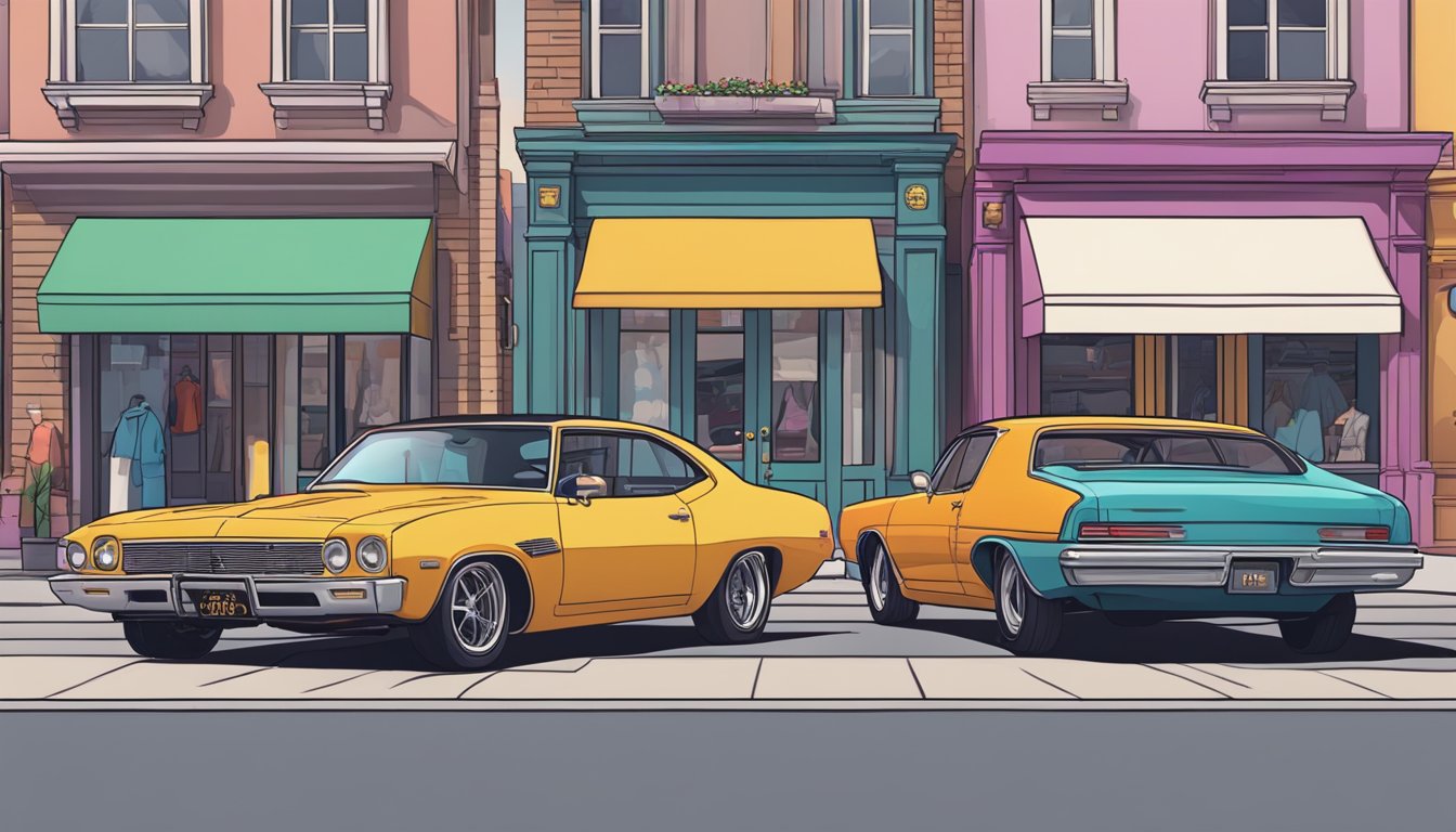 A row of iconic cars parked in front of trendy clothing stores, showcasing the influence of GTA clothing brands on real-life fashion
