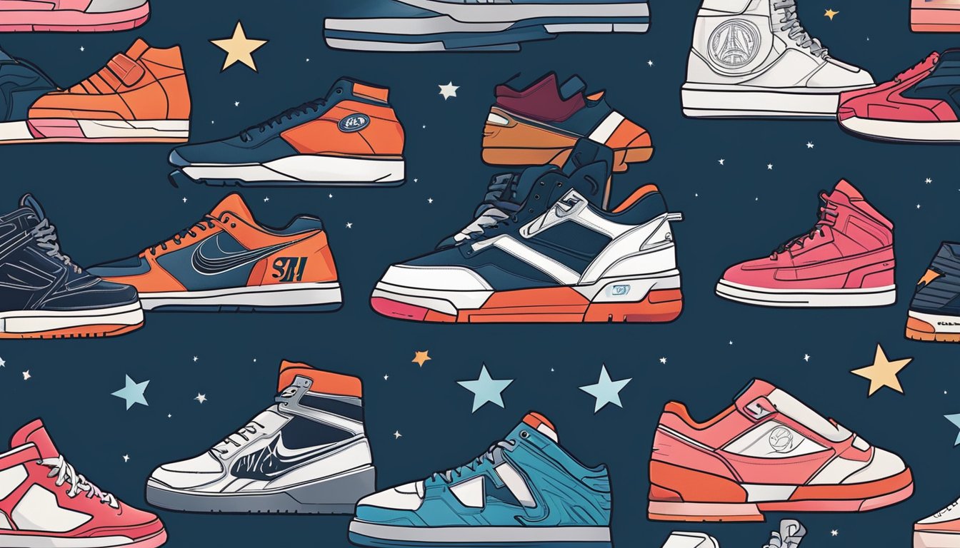 Vibrant sneaker brands rise against a dark urban backdrop, shining like stars in the night sky. Bold logos and modern designs stand out, capturing attention and signaling a new era in sneaker fashion