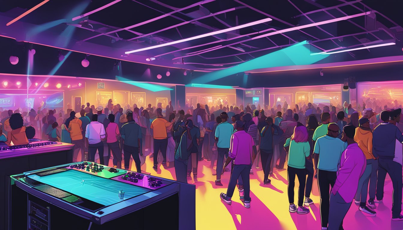 Crowded nightclub with neon lights, DJ booth, dance floor, and people in branded GTA clothing, partying and socializing