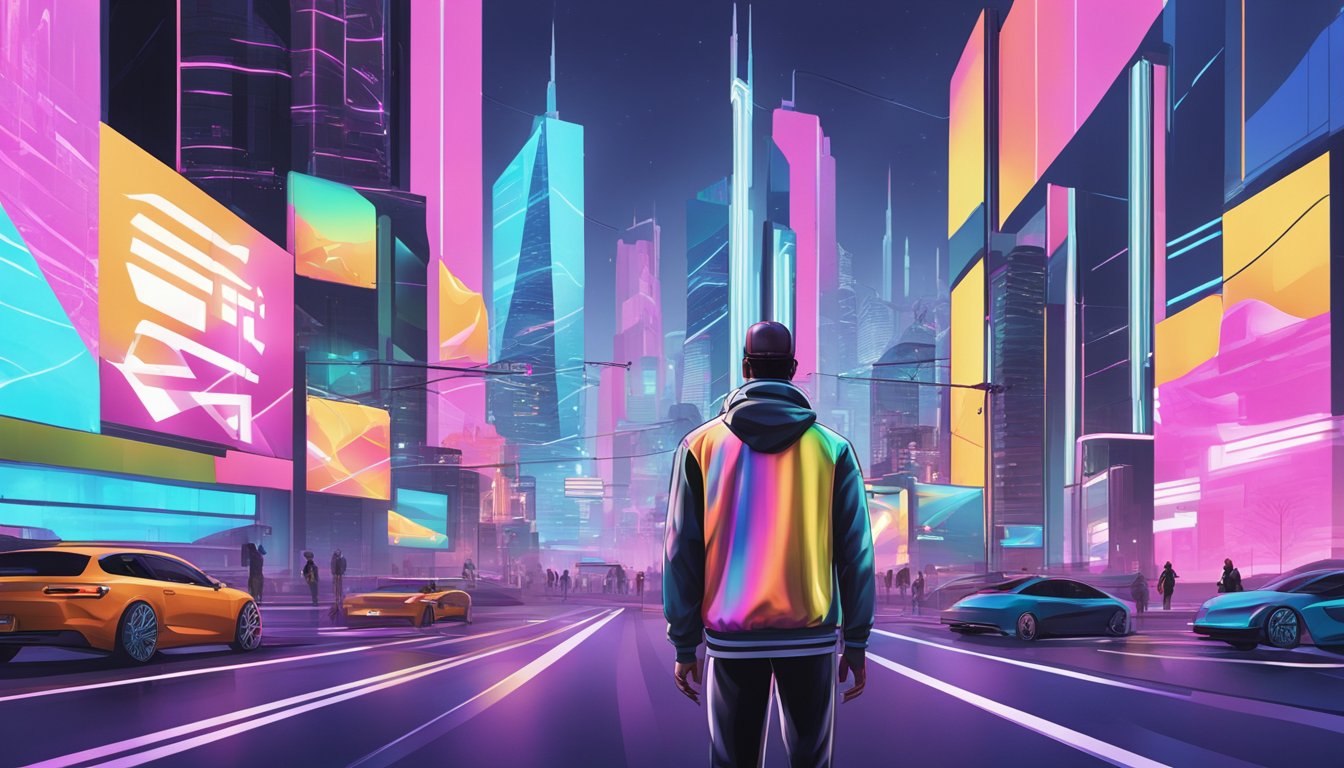 A futuristic cityscape with holographic billboards displaying GTA clothing brands in real life. Virtual reality headsets and sleek, avant-garde fashion designs are prominent