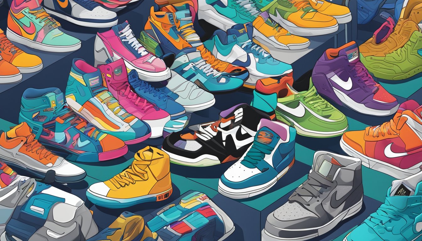 A collection of iconic American sneaker brands displayed in a vibrant urban setting, surrounded by street art and young people