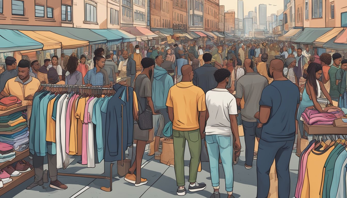 A diverse group of people browsing through racks of clothing from various GTA-inspired brands in a bustling urban street market