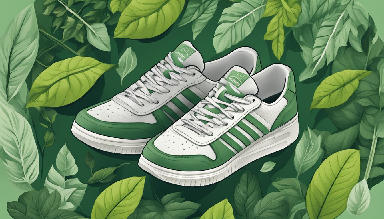 A modern, eco-friendly sneaker brand logo surrounded by green, leafy vines and sustainable materials like recycled rubber and organic cotton