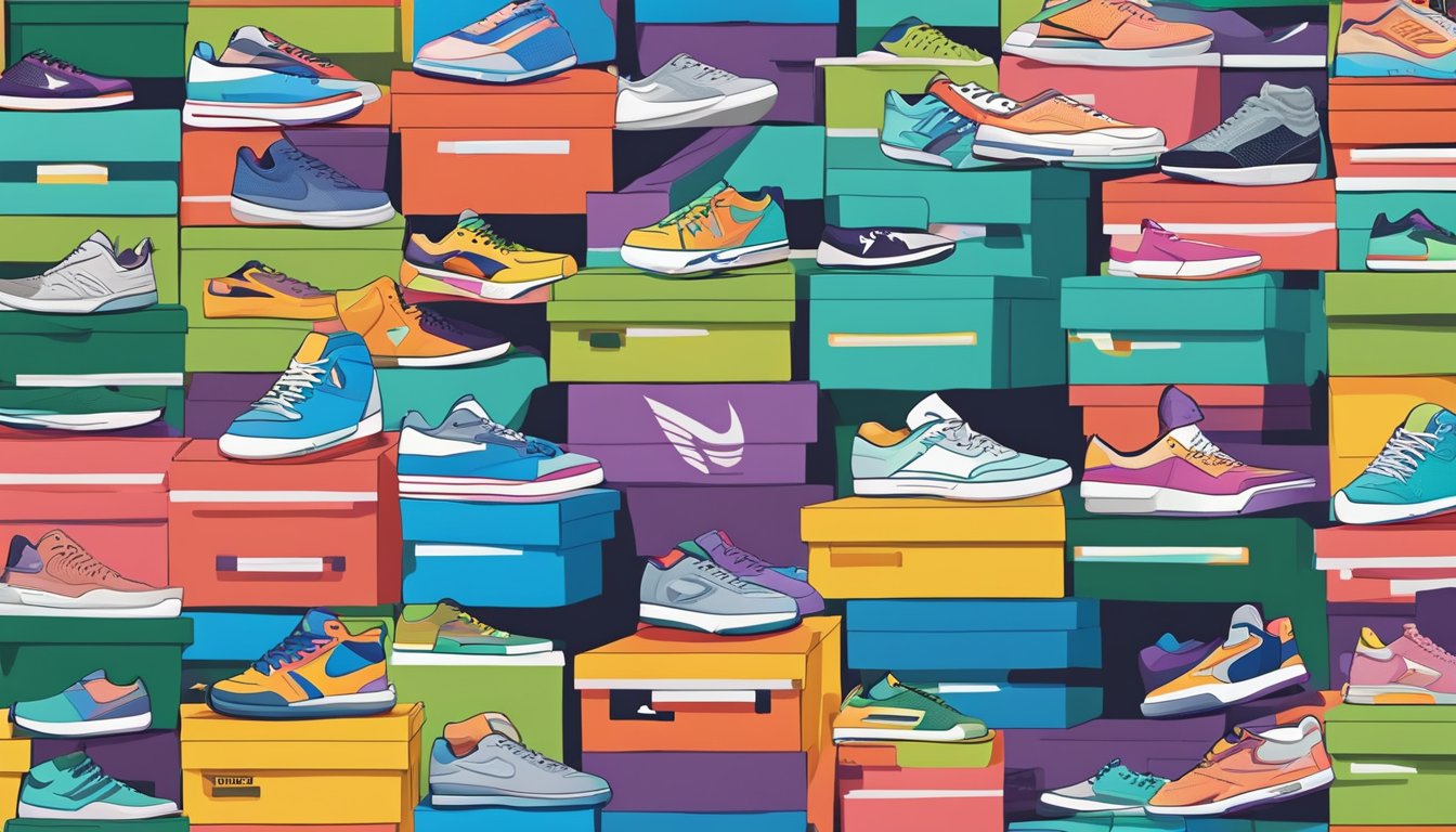A stack of colorful sneaker boxes with "Frequently Asked Questions" printed on them, surrounded by various American brand logos