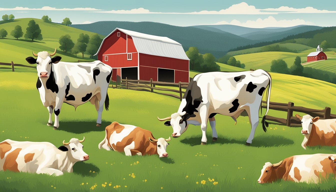 A rustic farm scene with rolling green hills, a charming red barn, and a herd of contented cows grazing in the lush pastures, with a prominent anchor symbol displayed on the butter packaging