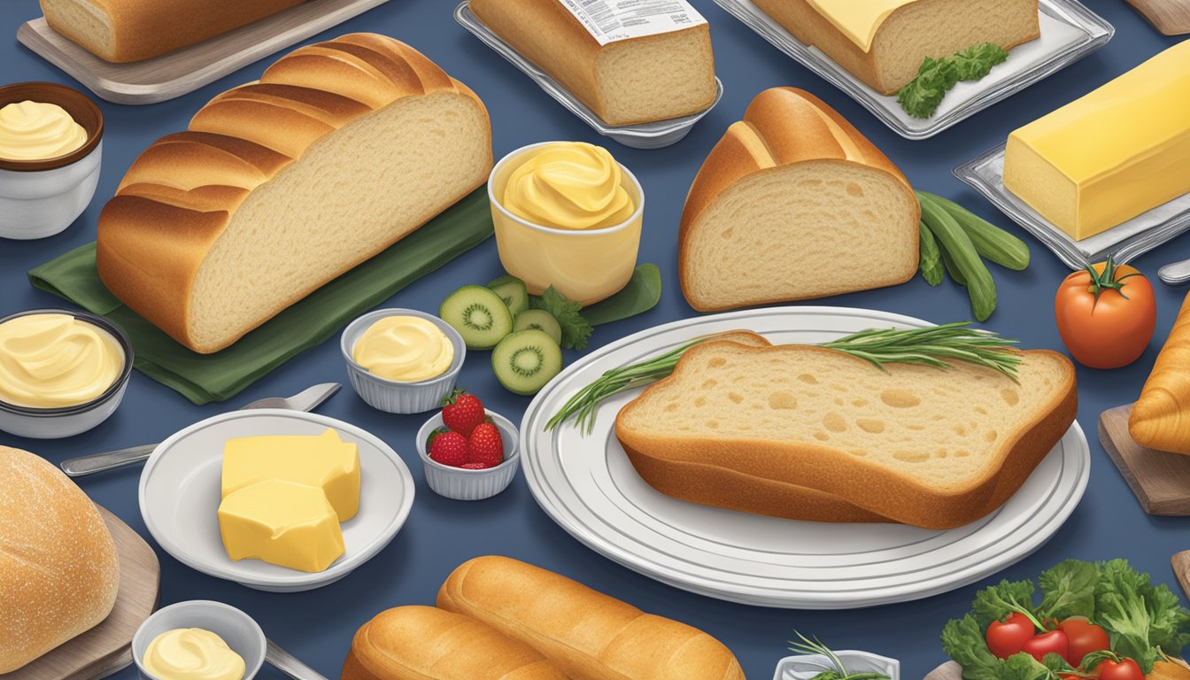 A spread of fresh bread, pastries, and vegetables with a prominent package of Anchor brand butter as the centerpiece