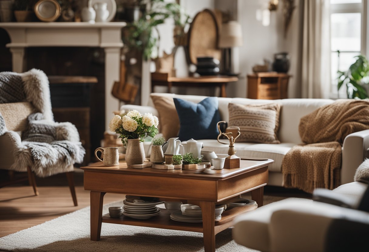 A cozy living room with vintage furniture and home decor items arranged in an online thrift store setting