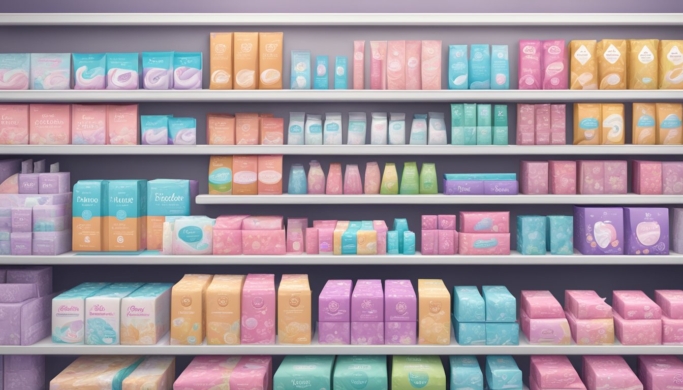 A variety of feminine hygiene sanitary napkin brands displayed on a store shelf, showcasing different sizes, absorbencies, and packaging designs