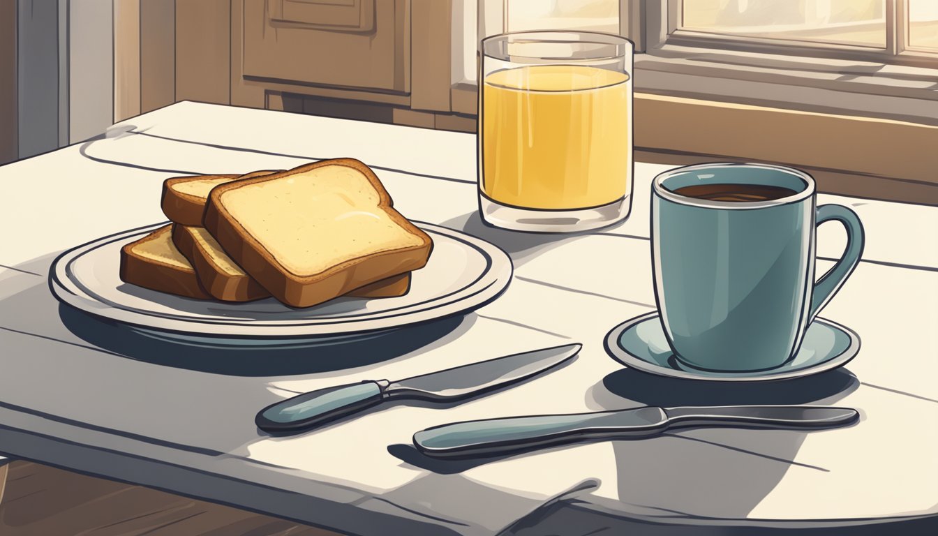 A table with a plate of toast, a knife, and a block of Anchor brand butter. A cozy kitchen setting with a window and a pot of tea in the background
