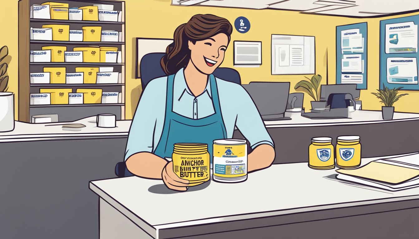 A jar of Anchor brand butter surrounded by a stack of FAQ cards and a customer service representative ready to assist