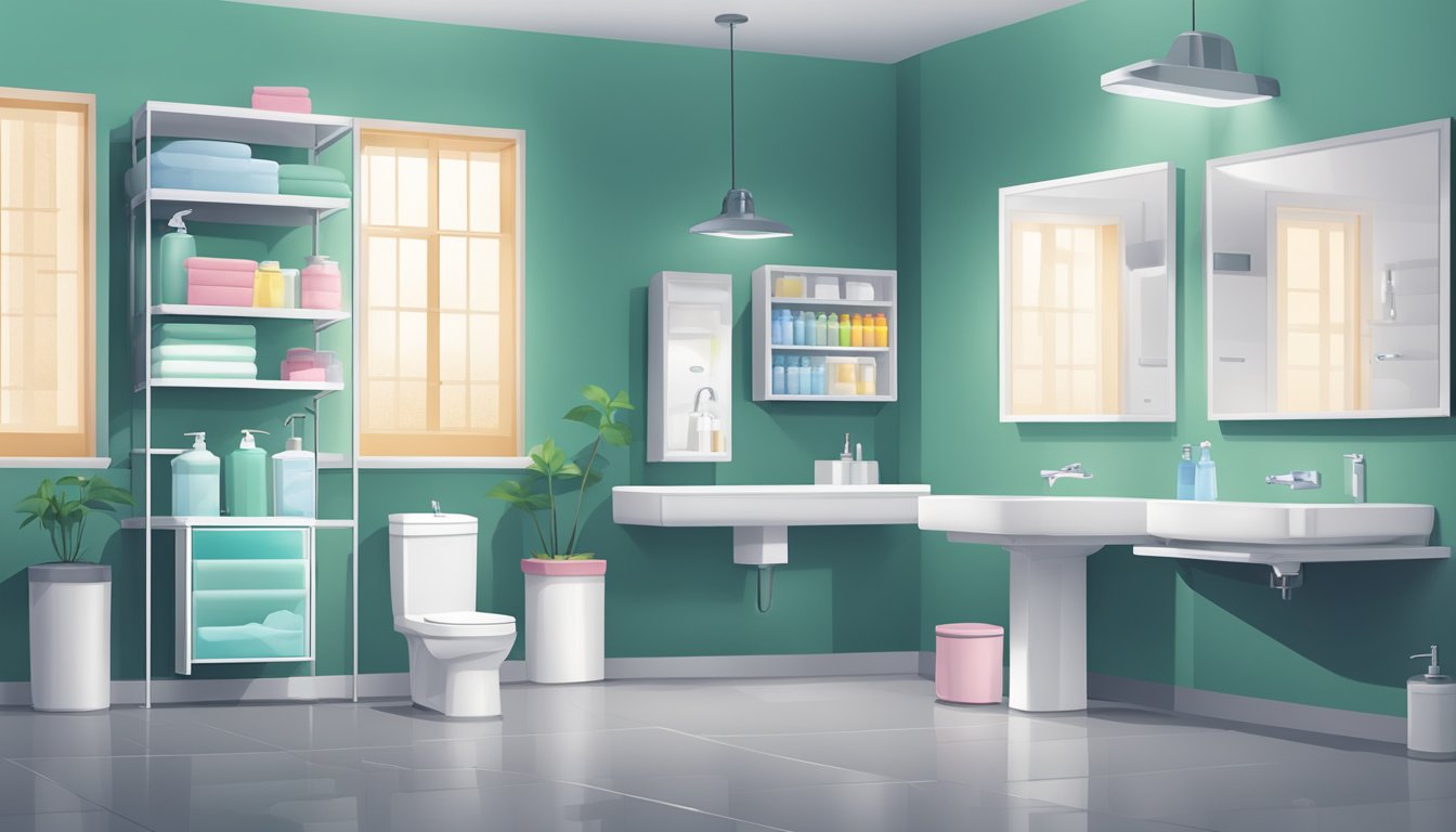 A clean, well-lit bathroom with various sanitary napkin brands displayed neatly on a shelf, alongside a trash bin and a sink with running water