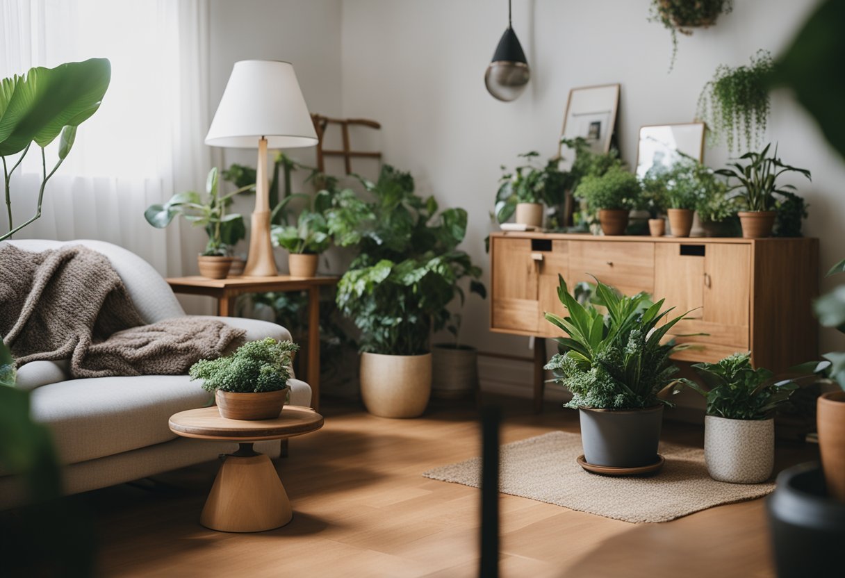 A cozy living room with upcycled furniture, potted plants, and sustainable decor items from an online thrift store