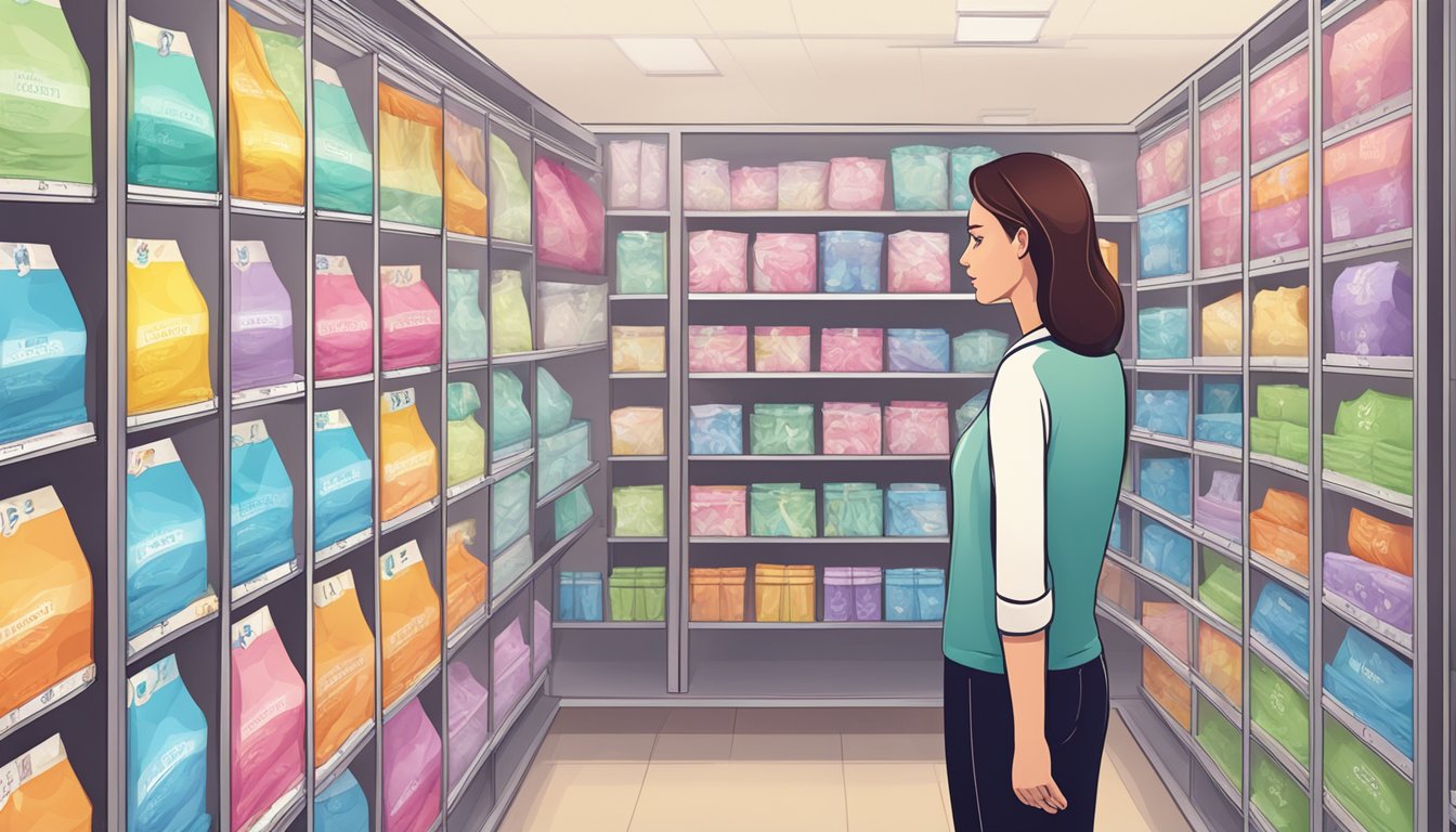 A woman stands in front of a row of colorful sanitary napkin brands, carefully comparing the features and benefits of each product