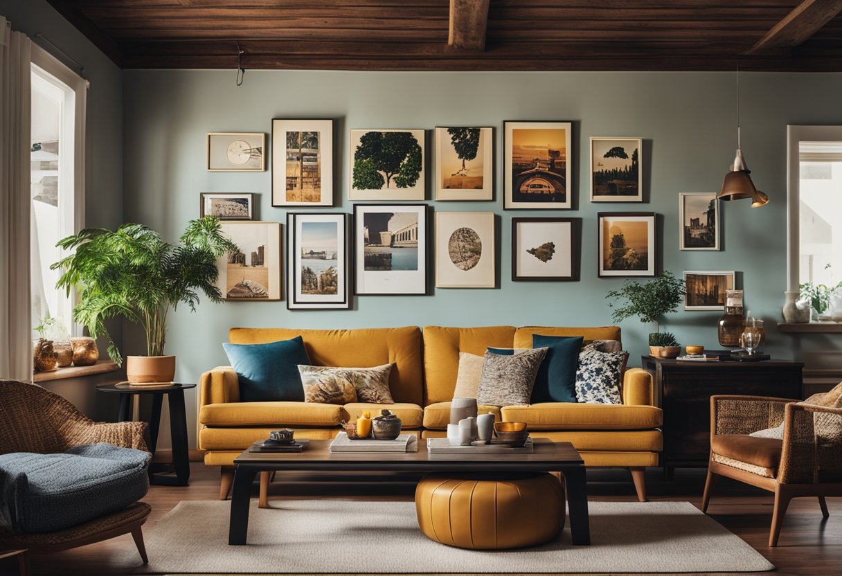 A cozy living room with vintage furniture, colorful throw pillows, and unique artwork on the walls. A mix of modern and retro decor items create a personalized and eclectic space