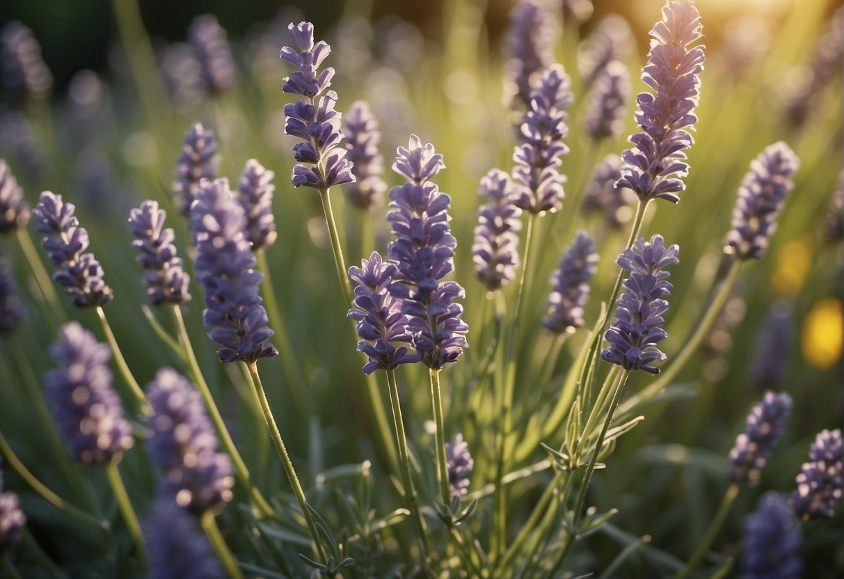 Lavender and citronella plants repel gnats. Show a garden with these plants surrounded by flying gnats