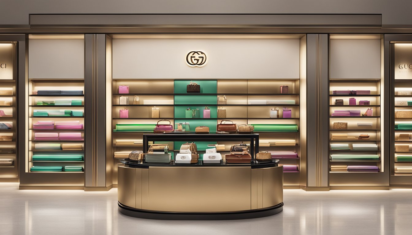 A luxurious display of Gucci products arranged on a sleek, modern shelf with the iconic interlocking G logo prominently featured