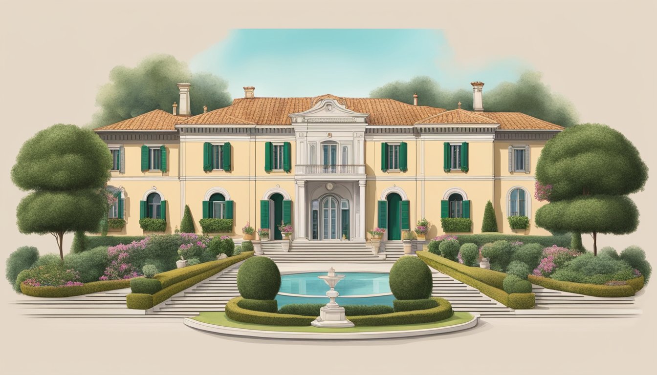 A grand Italian villa with lush gardens, displaying the evolution of Gucci's iconic logo and fashion designs through the decades