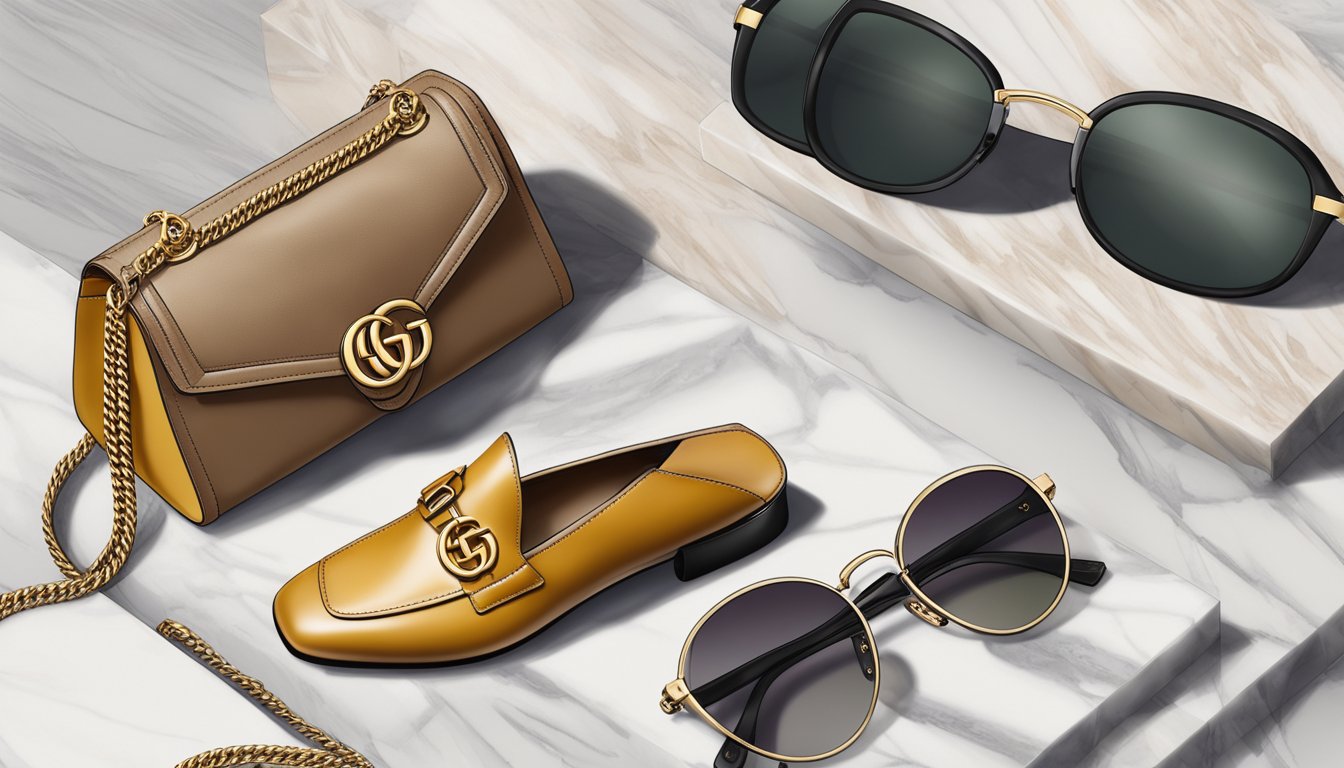 A luxurious Gucci handbag, a sleek pair of sunglasses, and a stylish pair of loafers arranged on a marble table with the iconic double G logo visible