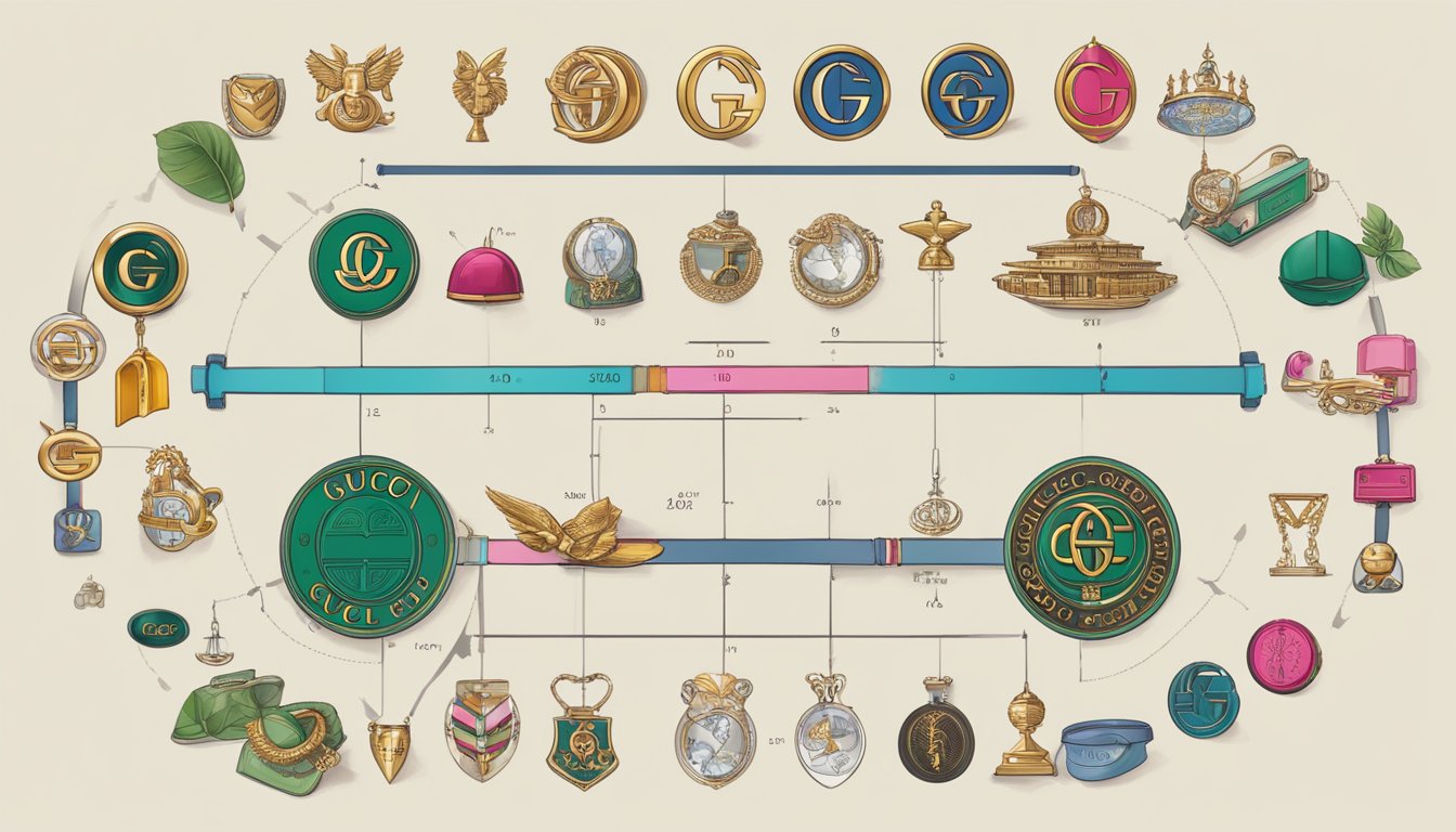 A timeline of Gucci's iconic logos and designs, evolving from classic to modern, surrounded by elements of luxury and innovation