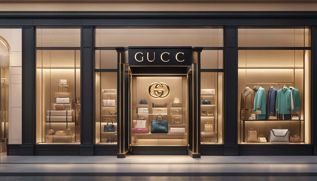 Gucci's iconic double G logo displayed prominently in a high-end retail store window, surrounded by sleek and luxurious products