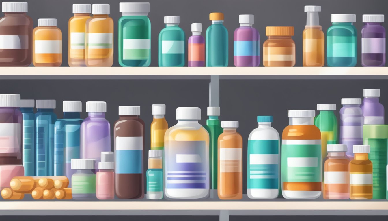A bottle of antiemetic drugs sits on a pharmacy shelf, surrounded by other medications and health products