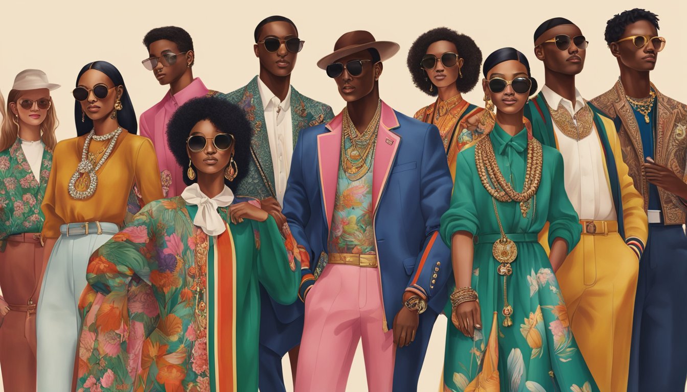 A diverse group of people wearing Gucci clothing and accessories while engaging in cultural activities, such as art, music, and dance, symbolizing the brand's influence and representation as cultural ambassadors