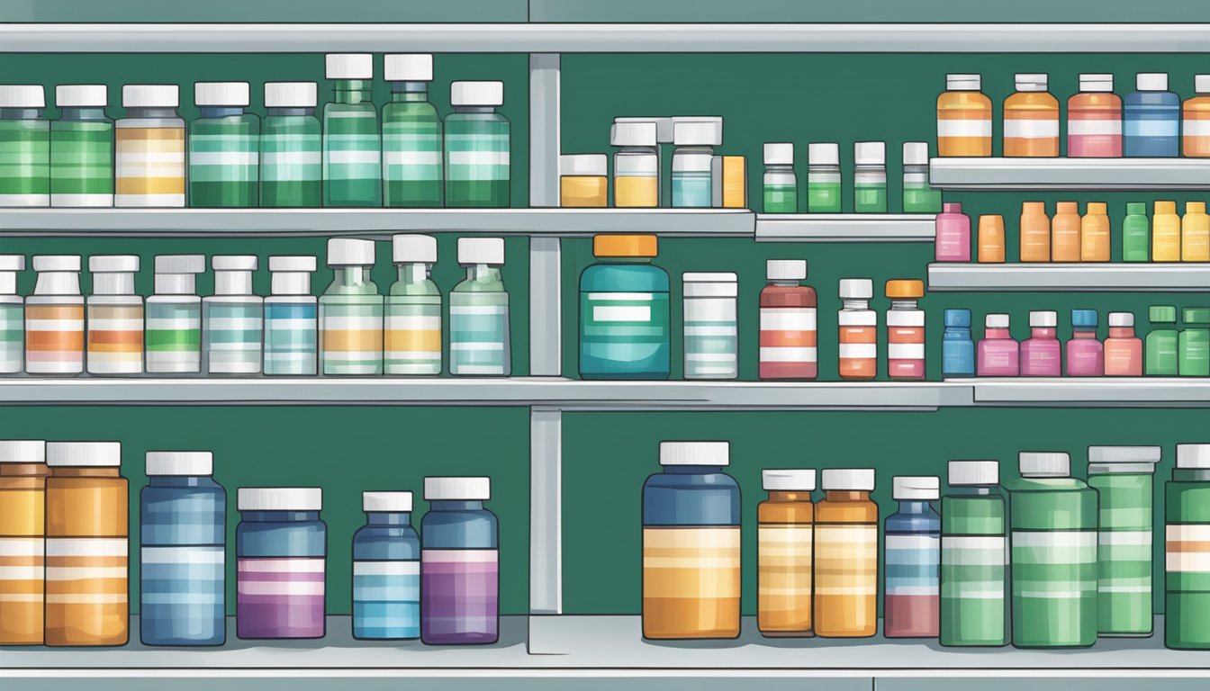 Various antiemetic drugs arranged on a pharmacy shelf, including Ondansetron, Metoclopramide, and Promethazine