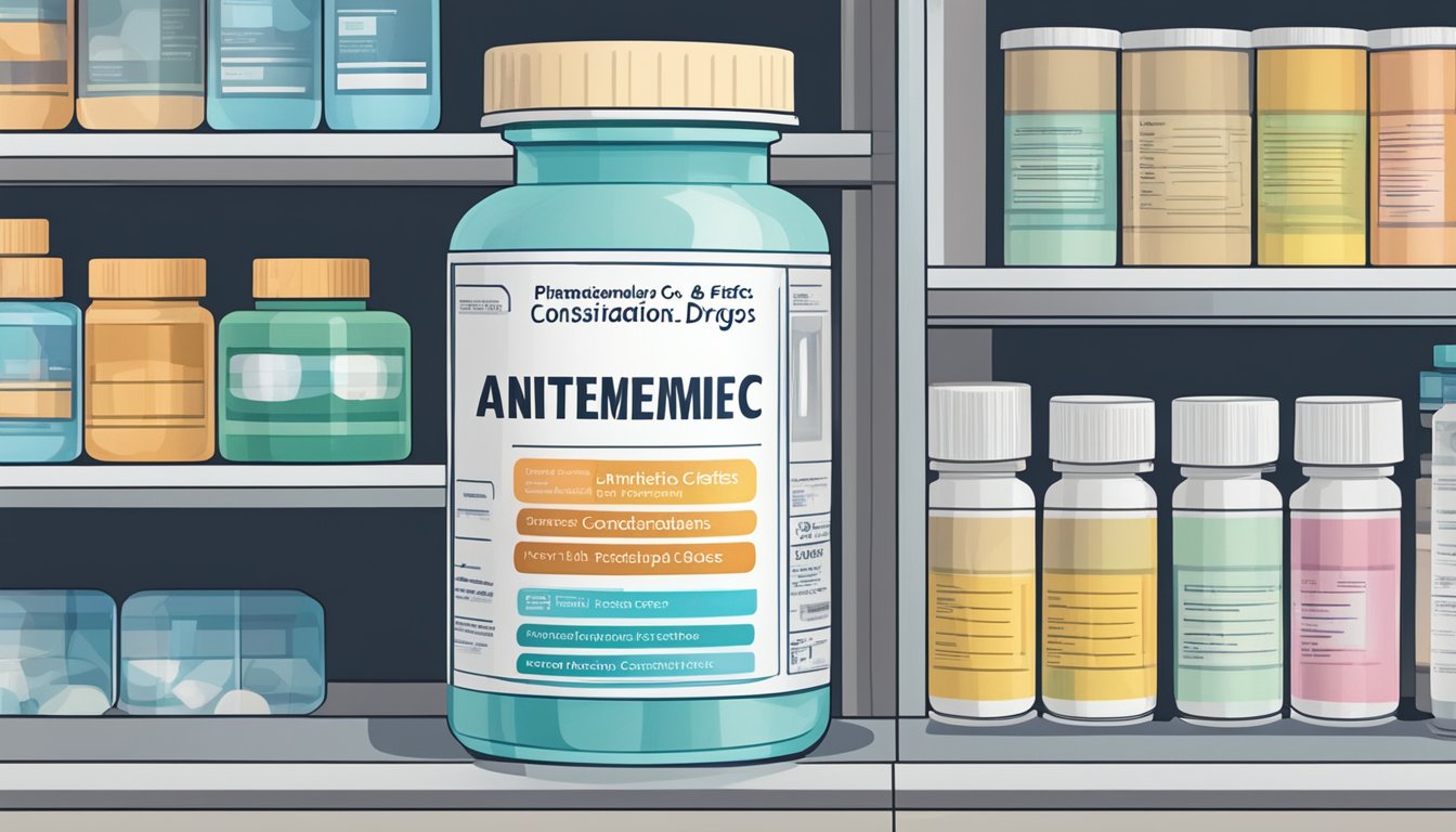 A bottle of antiemetic drugs sits on a pharmacy shelf, with a label listing potential side effects and considerations