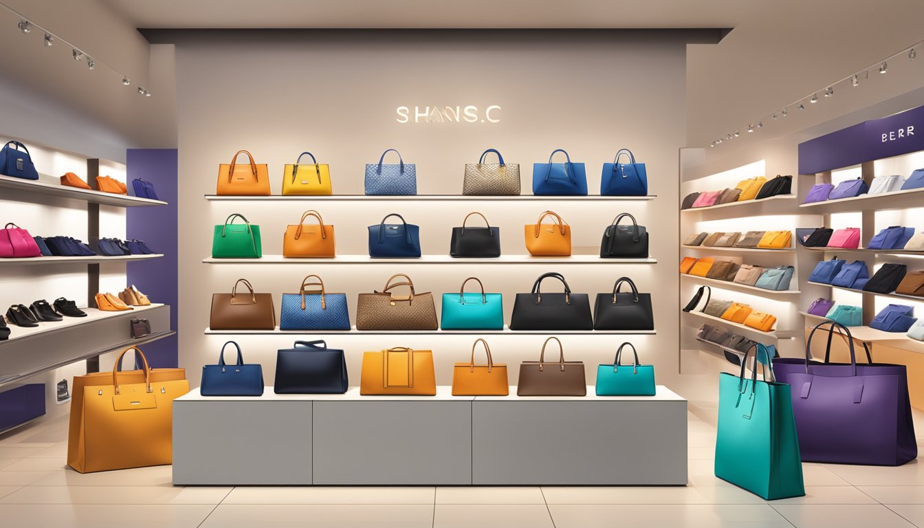 A display of branded bags arranged neatly on a sleek, modern store shelf. Bright lighting highlights the logo and design details