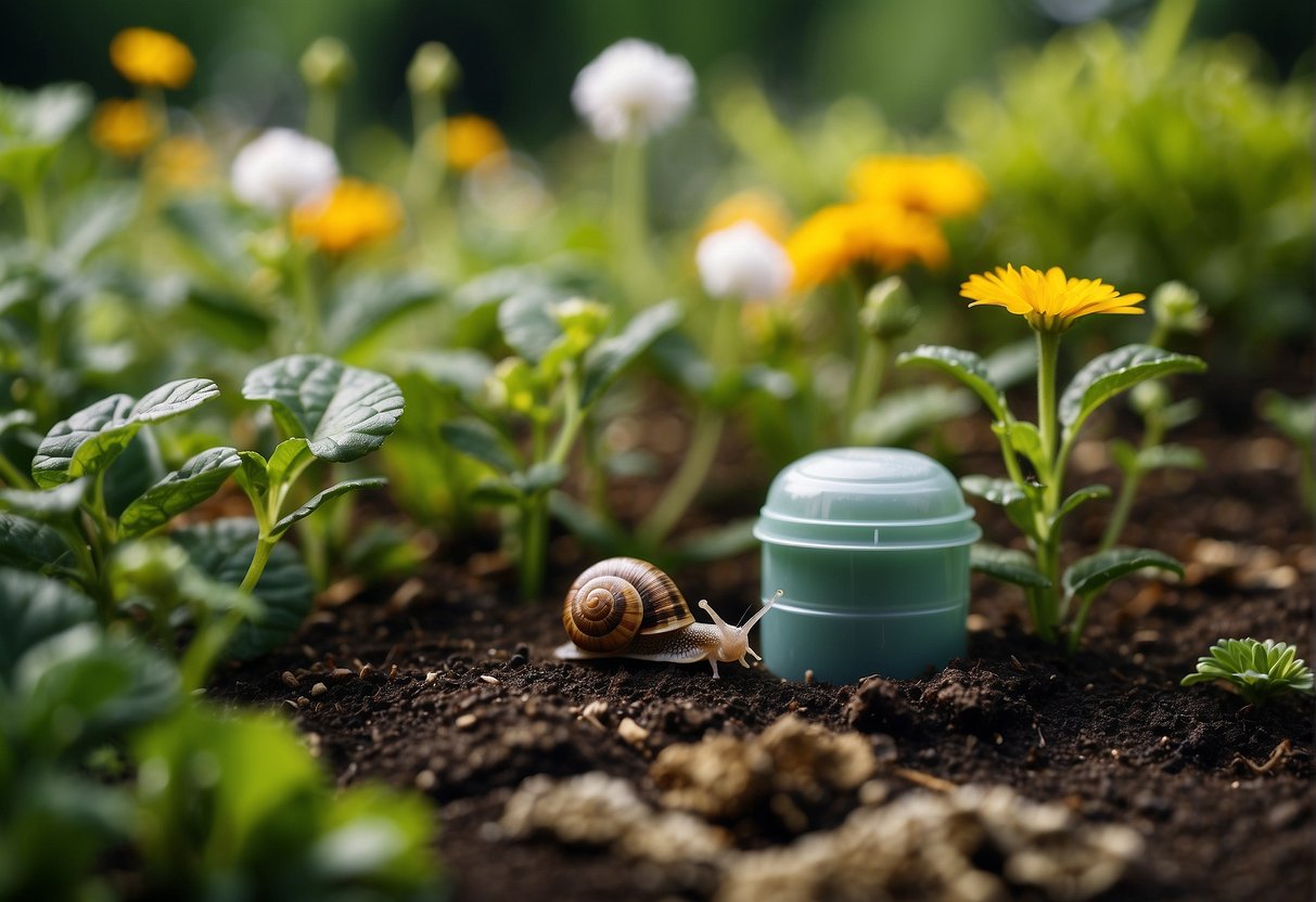 A garden with a snail bait container placed near a row of plants. Snails and slugs are seen crawling towards the bait