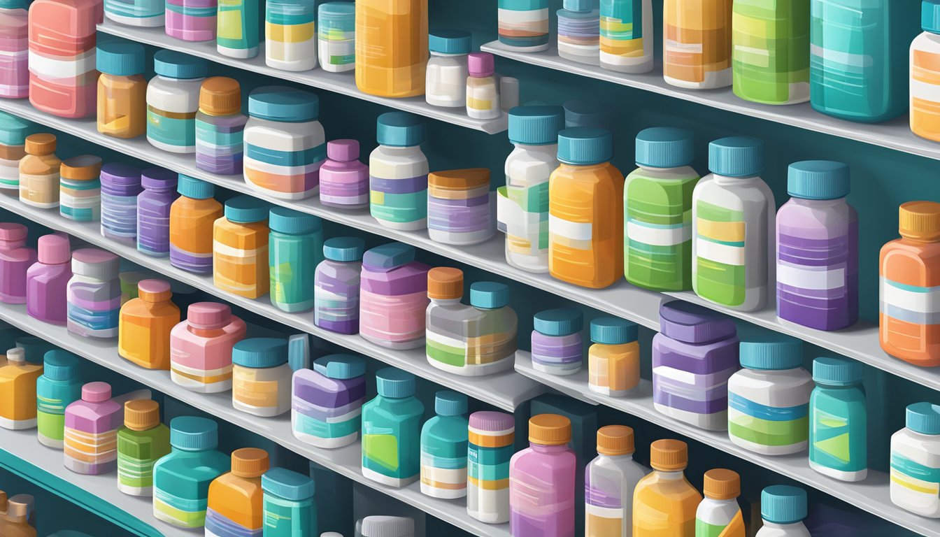 A colorful array of antiemetic drug bottles and packaging arranged neatly on a pharmacy shelf