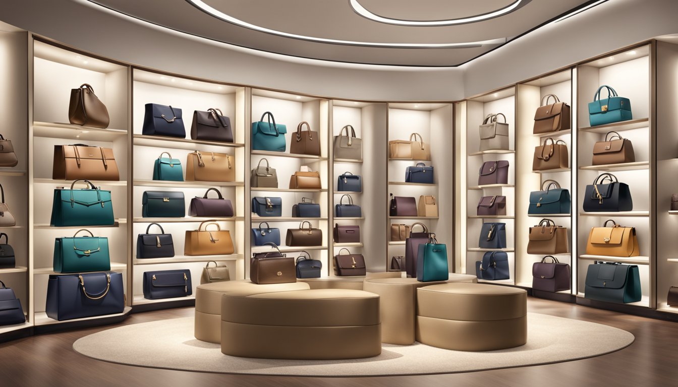 A display of high-end branded bags in a luxurious boutique setting, with elegant lighting and sleek, modern shelving to showcase the exclusive collection