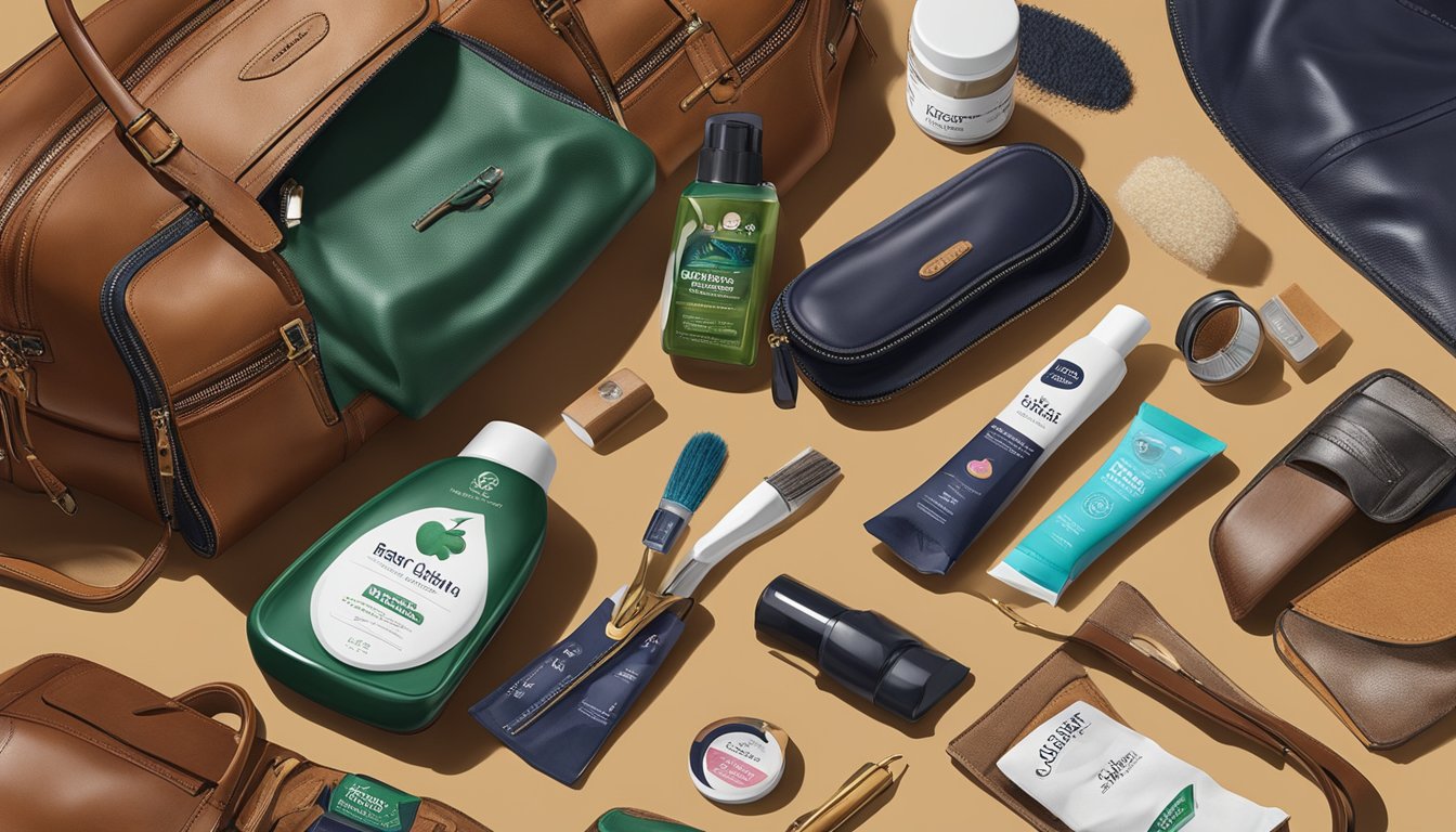 A leather care kit sits beside a variety of leather items, including a jacket, shoes, and a handbag, with an apple brand rain and stain product prominently displayed