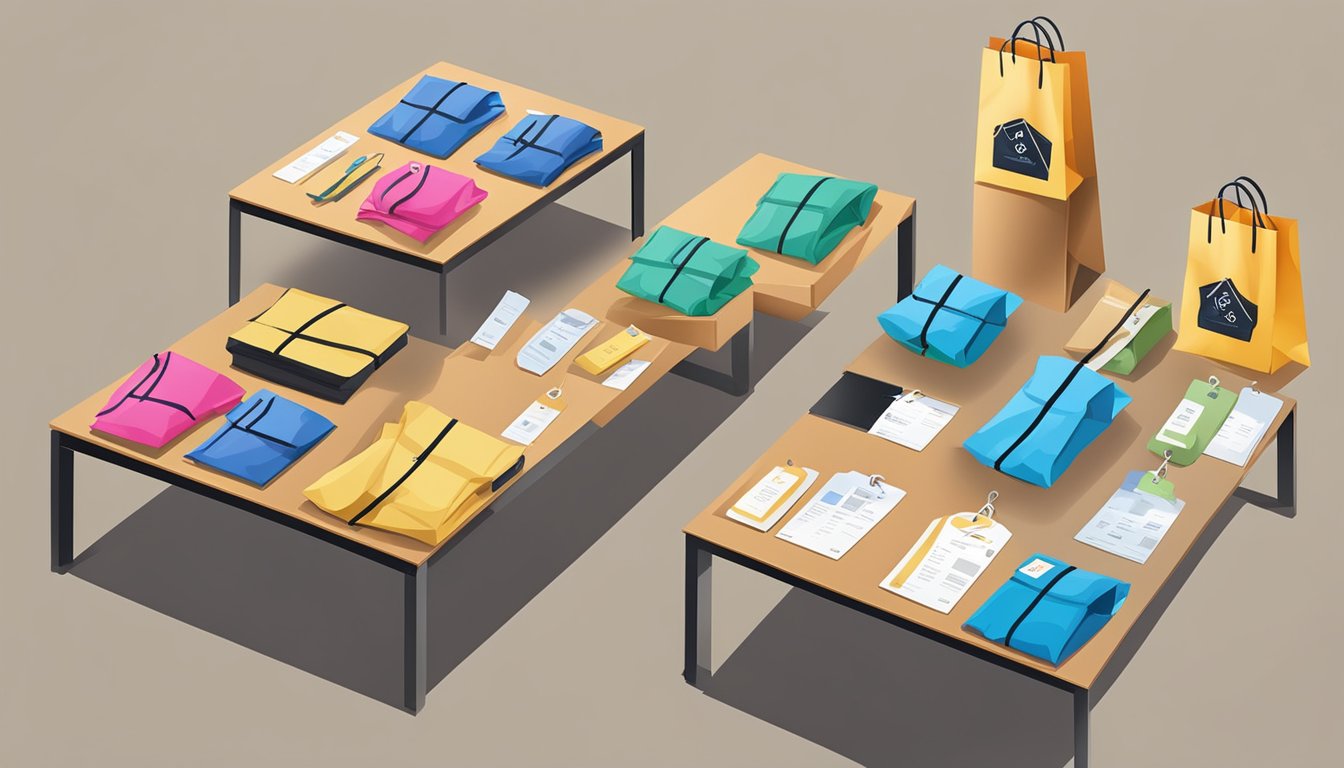 A table with neatly arranged branded bags, tags and price labels ready for sale