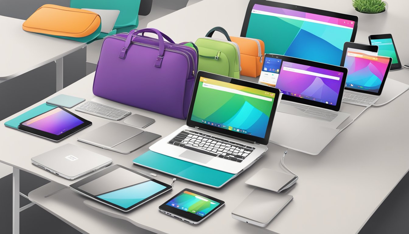 A table with various selling platforms displayed. A laptop, smartphone, and tablet are shown with branded bags on each screen
