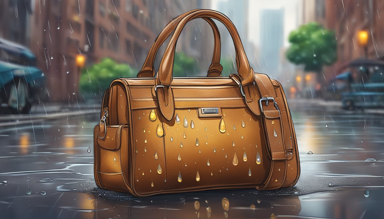 A leather bag sits on a rainy city street, with water droplets beading on its surface. An apple logo is visible, and a stain is present on one corner