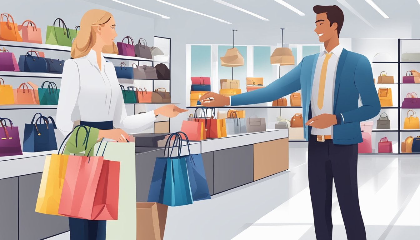 A salesperson presents branded bags to a customer, showcasing their features and benefits in a well-lit, modern retail setting