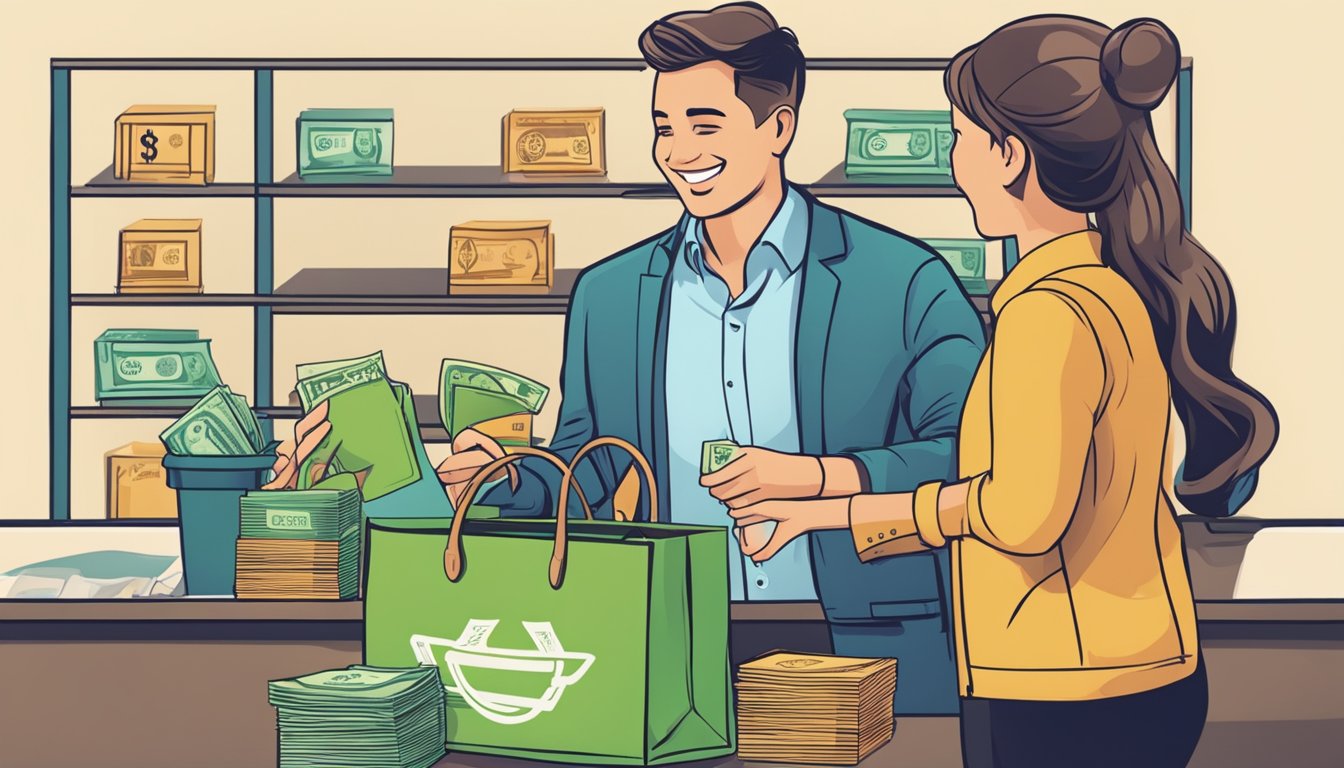 A customer hands over cash for a branded bag. The salesperson smiles as they finalize the sale