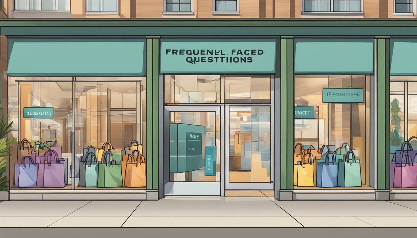 A stack of branded bags with "Frequently Asked Questions" printed on them. Displayed in a retail setting with clean, modern design