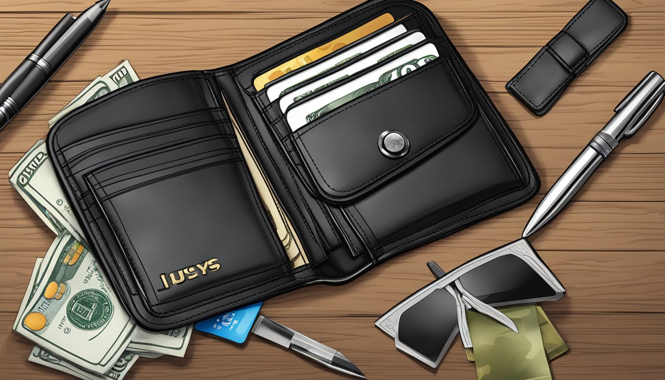 A wallet with the "Guys" brand logo, made of sleek black leather, lying open on a wooden table with a few bills and credit cards peeking out