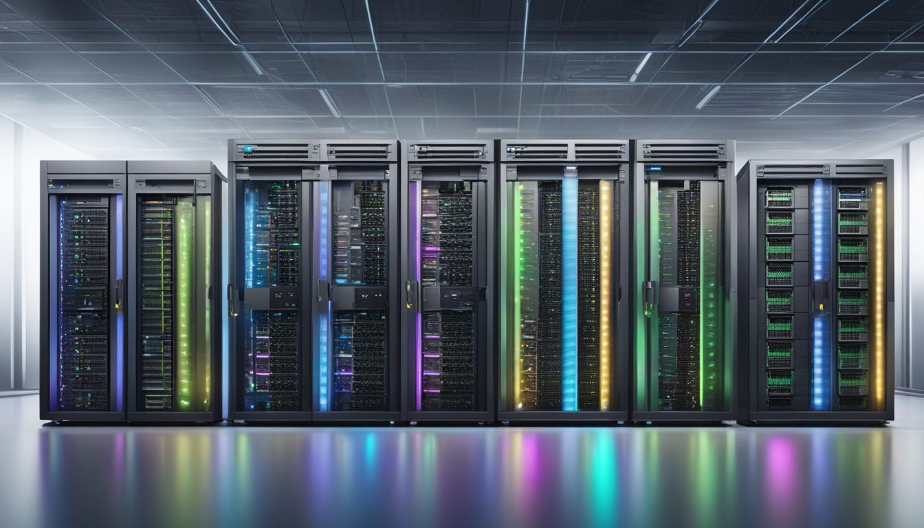 Various top server rack brands lined up in a data center, including Cisco, Dell, and HPE, with neatly organized cables and blinking status lights