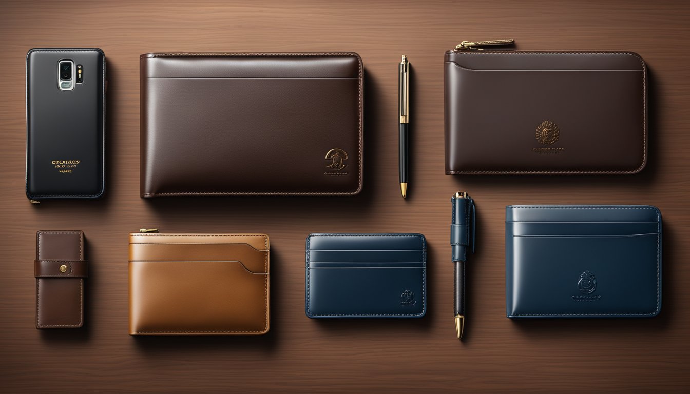 A sleek, modern display of top wallet brands arranged on a rich mahogany table, with luxurious leather textures and elegant embossed logos