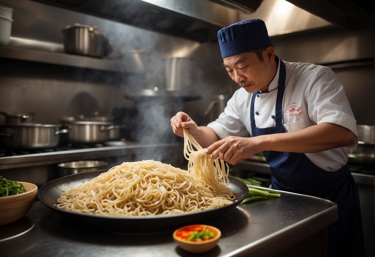 A Chinese chef prepares fresh noodles with savory broth and toppings, showcasing the traditional ban mian recipe's history and origins
