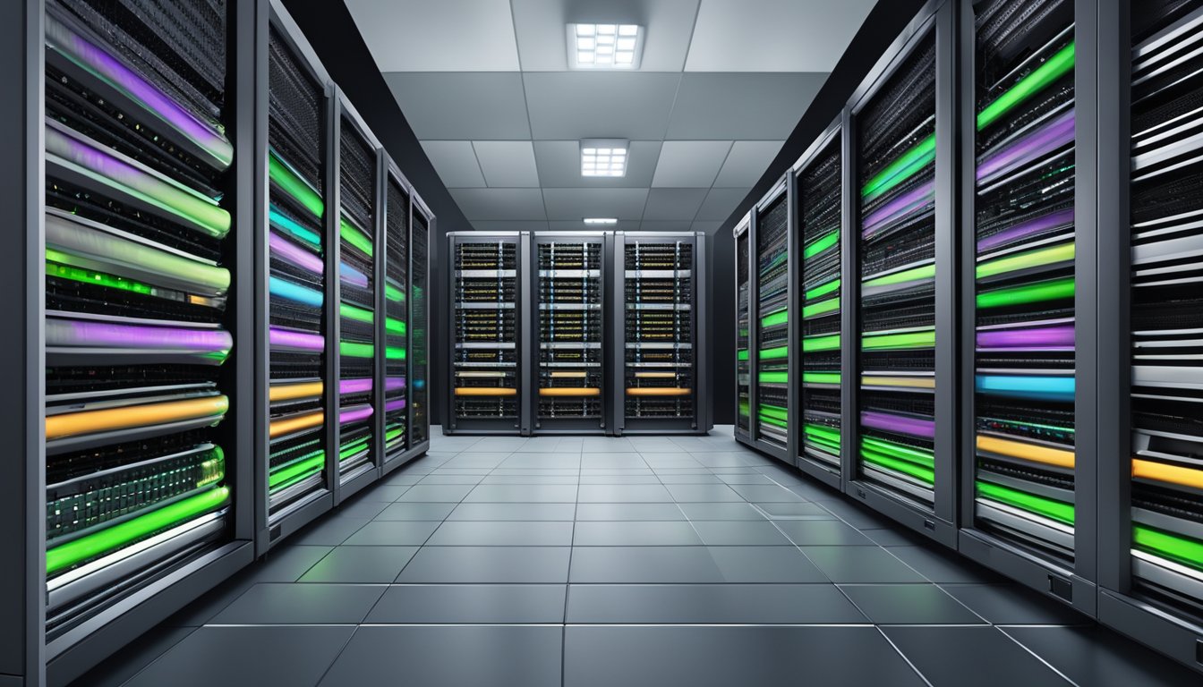 A row of server racks from various brands lined up in a clean and organized data center, with neatly arranged cables and blinking lights indicating activity